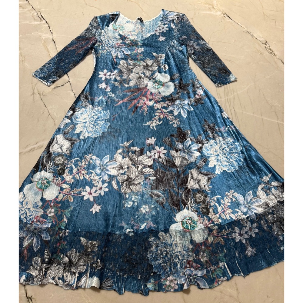 Komarov V-Neck Sheer Hem 3/4 Sleeve Midnight Vine Floral Charmeuse Midi Dress 2X